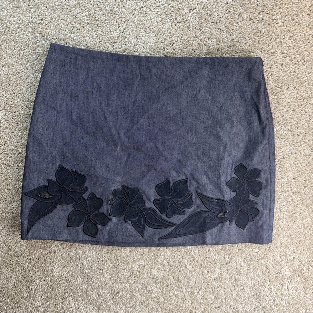 Express Skirt Womens 7/8 Blue Denim Floral Pencil Mini Leather Applique Stretch